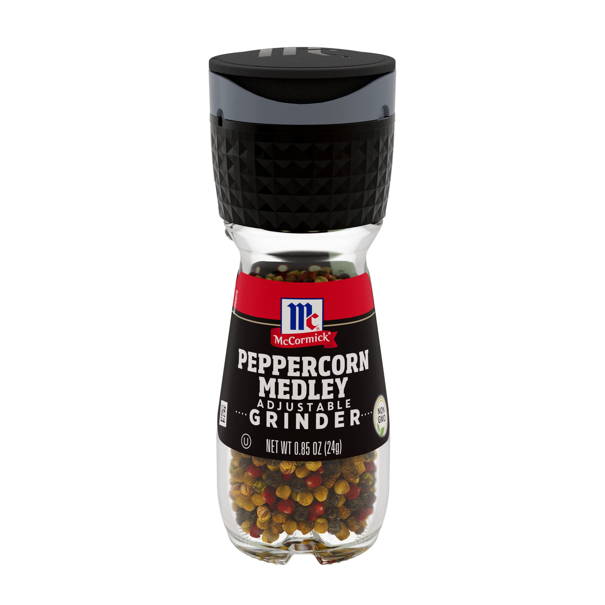 McCormick Peppercorn Medley grinder bottle front shows colorful peppercorns for fresh flavor