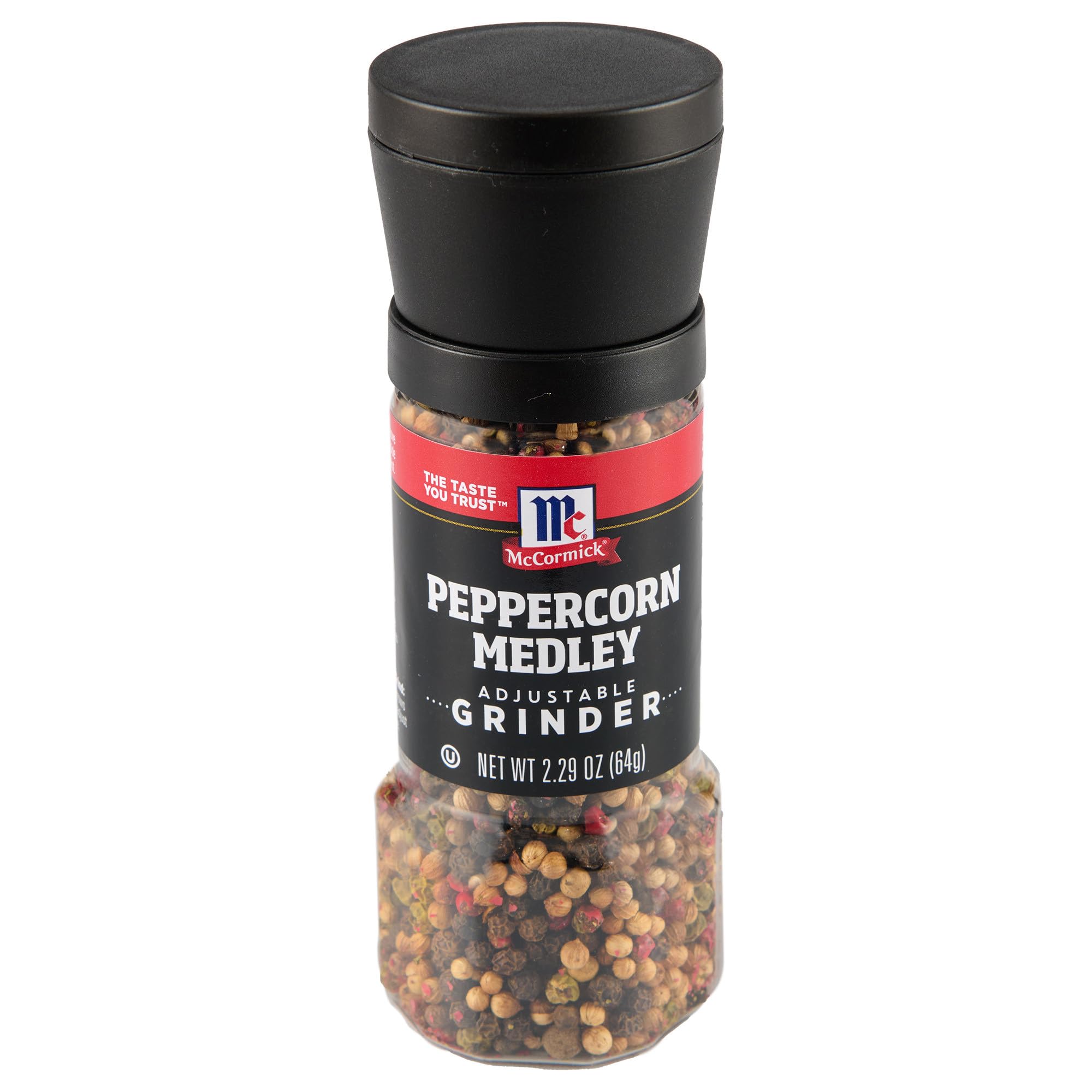 McCormick Peppercorn Medley Grinder cap enables adjustable grind for fresh flavor.