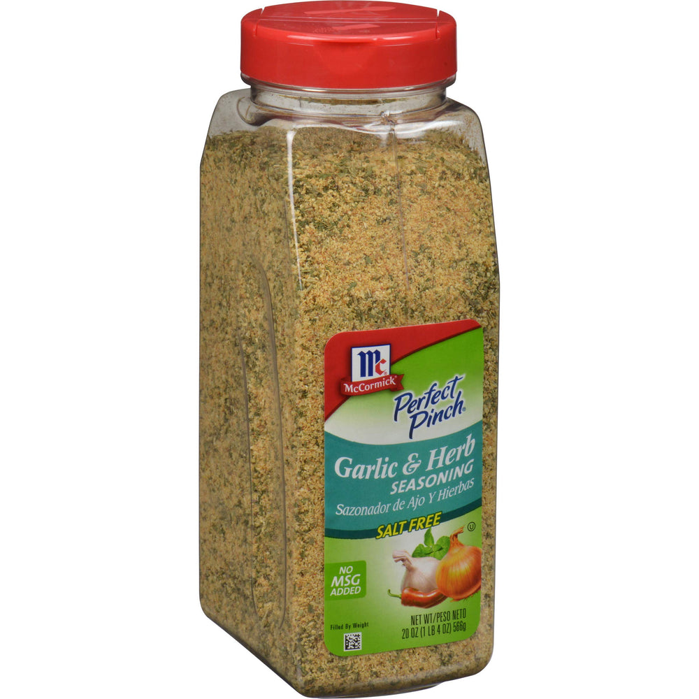 McCormick Perfect Pinch Garlic & Herb Seasoning bottle on counter boosts flavor with salt-free blend