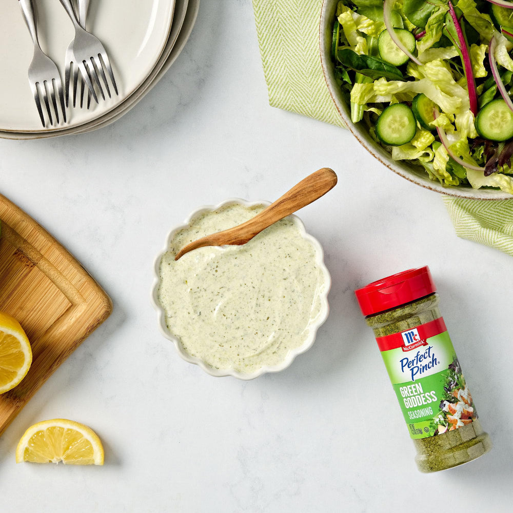 Salad bowl with greens and Green Goddess seasoning for bright flavor.