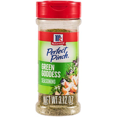 McCormick Perfect Pinch Green Goddess seasoning bottle ready to shake on chicken.