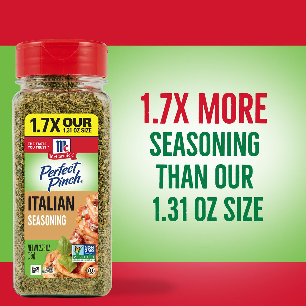 McCormick Perfect Pinch Italian Seasoning sprinkled on pizza for authentic flavor