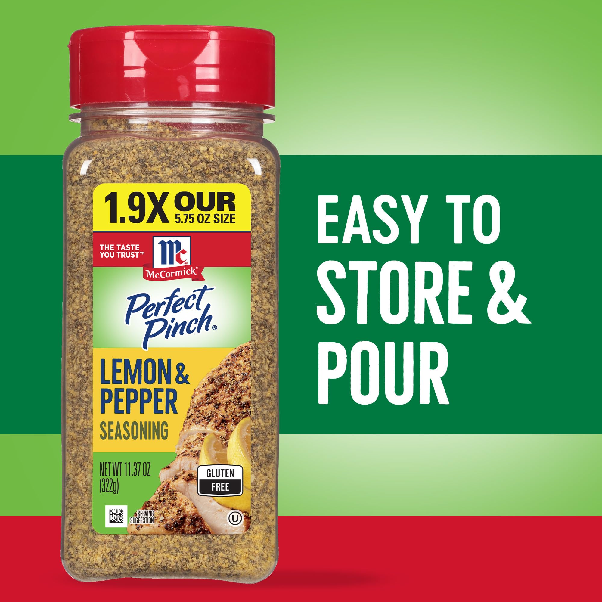 McCormick Perfect Pinch Lemon Pepper seasoning on kitchen counter highlights ready-to-use flavor.