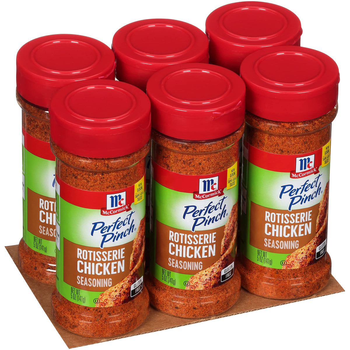 McCormick Perfect Pinch Rotisserie Seasoning bottle closeup, savory onion and garlic boost chicken flavor.