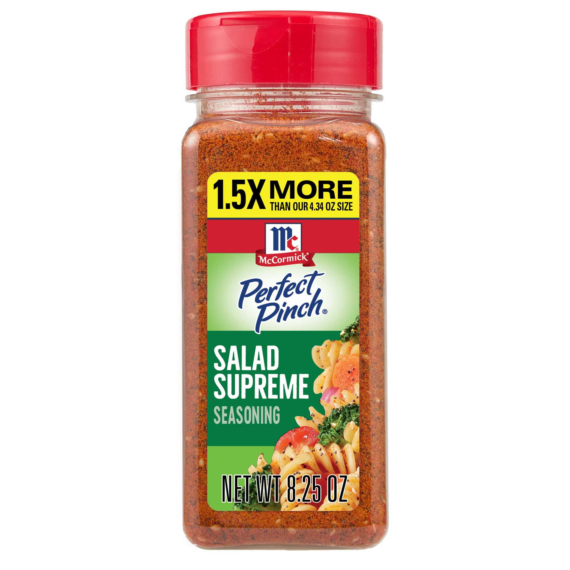 McCormick Perfect Pinch Salad Supreme seasoning jar with vibrant cheese and seeds.