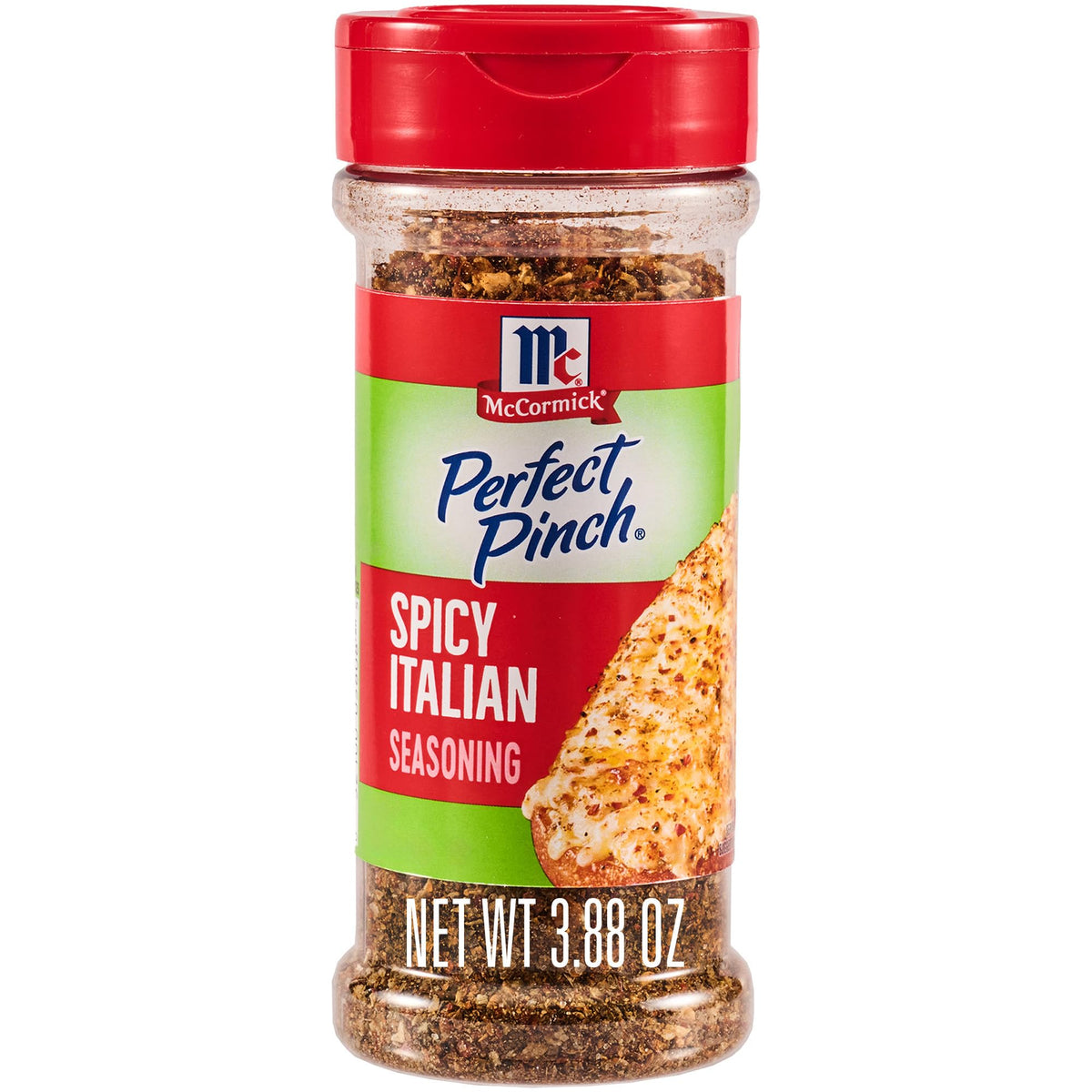 McCormick Perfect Pinch Spicy Italian bottle top being sprinkled on pizza for a bold kick.