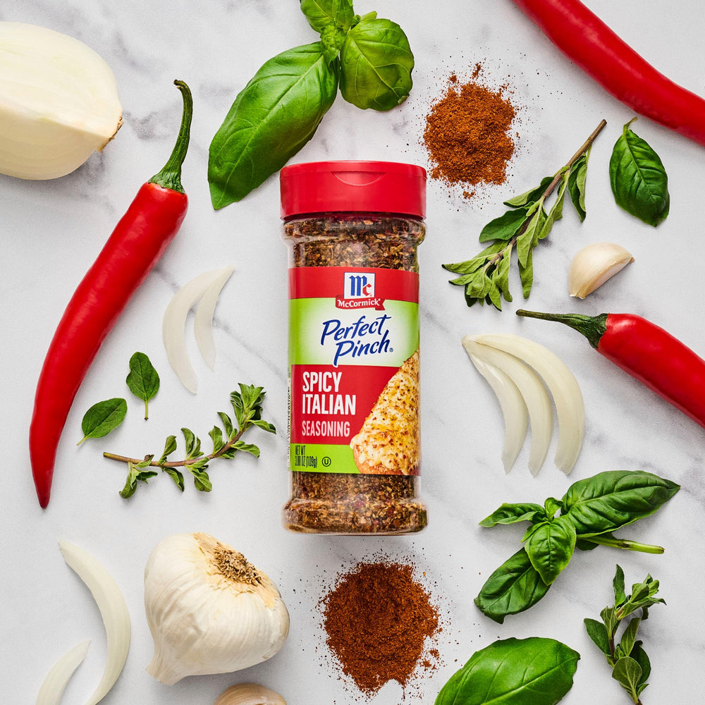McCormick Perfect Pinch Spicy Italian herbs and chili close-up.