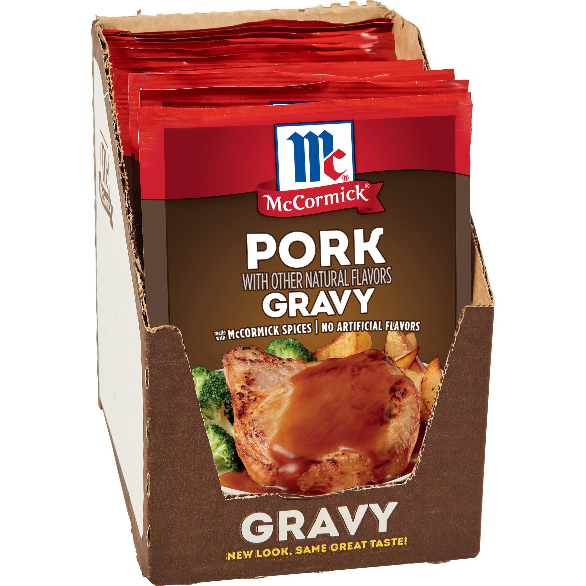 McCormick Pork Gravy Mix packaging on a pantry shelf for easy spice prep.