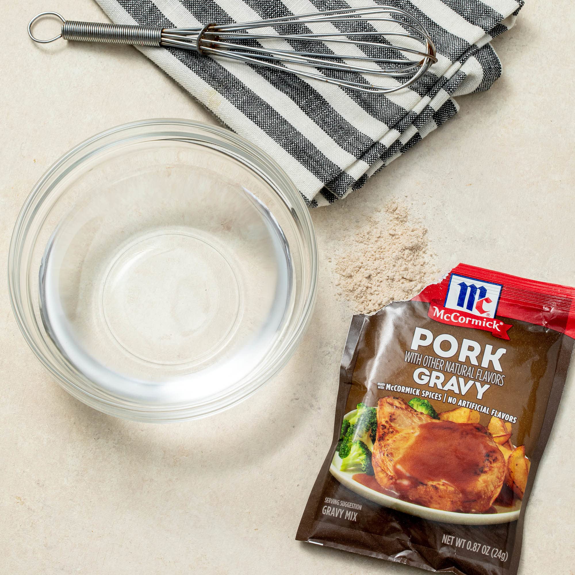 McCormick Pork Gravy served with mashed potatoes for comfort.