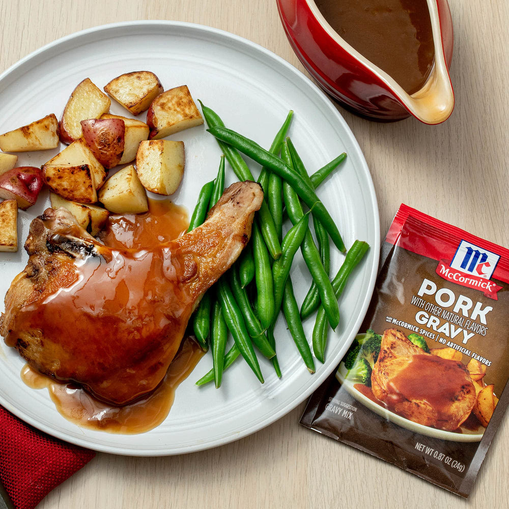 McCormick Pork Gravy simmering in a pan for ready to serve sauce.