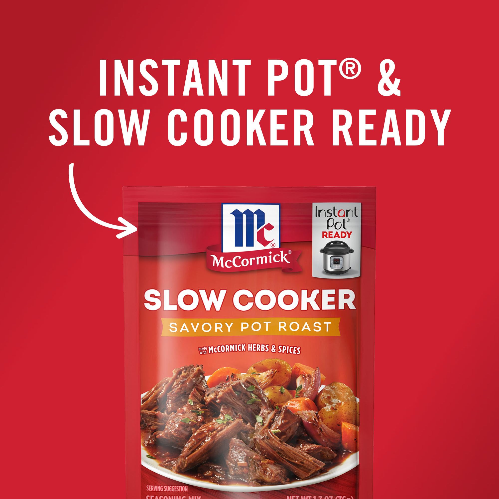 McCormick mix in slow cooker with beef and vegetables cooking.