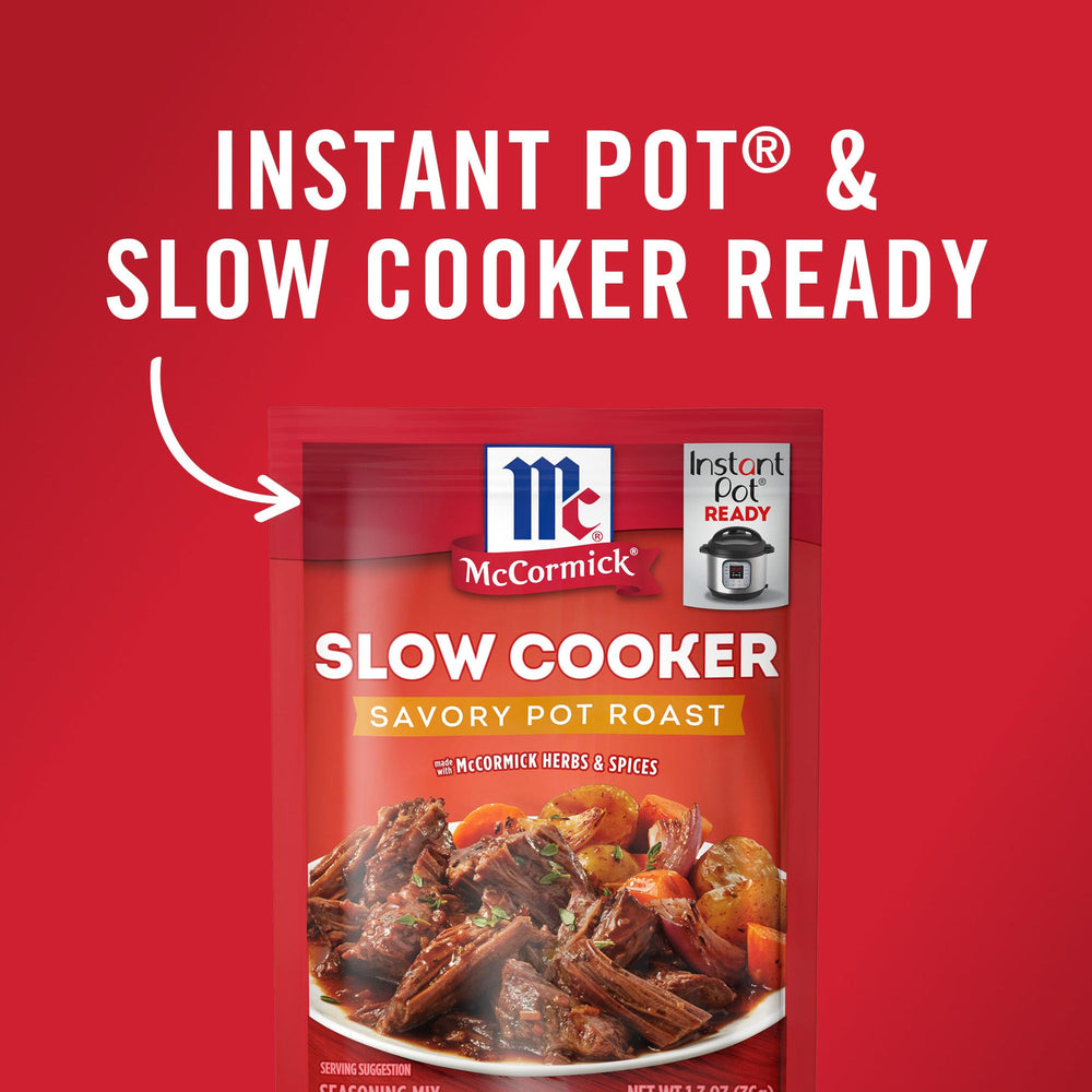 McCormick mix in slow cooker with beef and vegetables cooking.