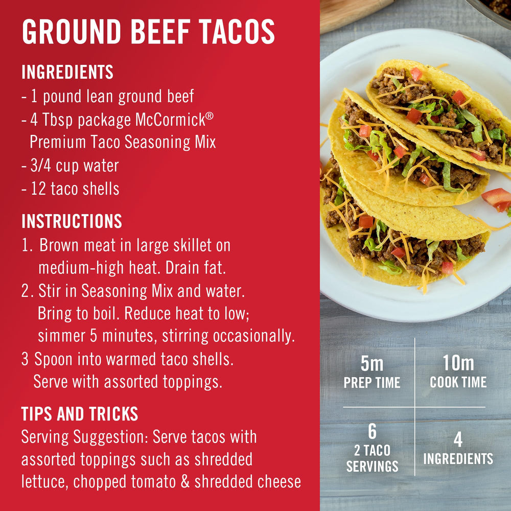 Spoon with McCormick Premium Taco Seasoning Mix showing blend details