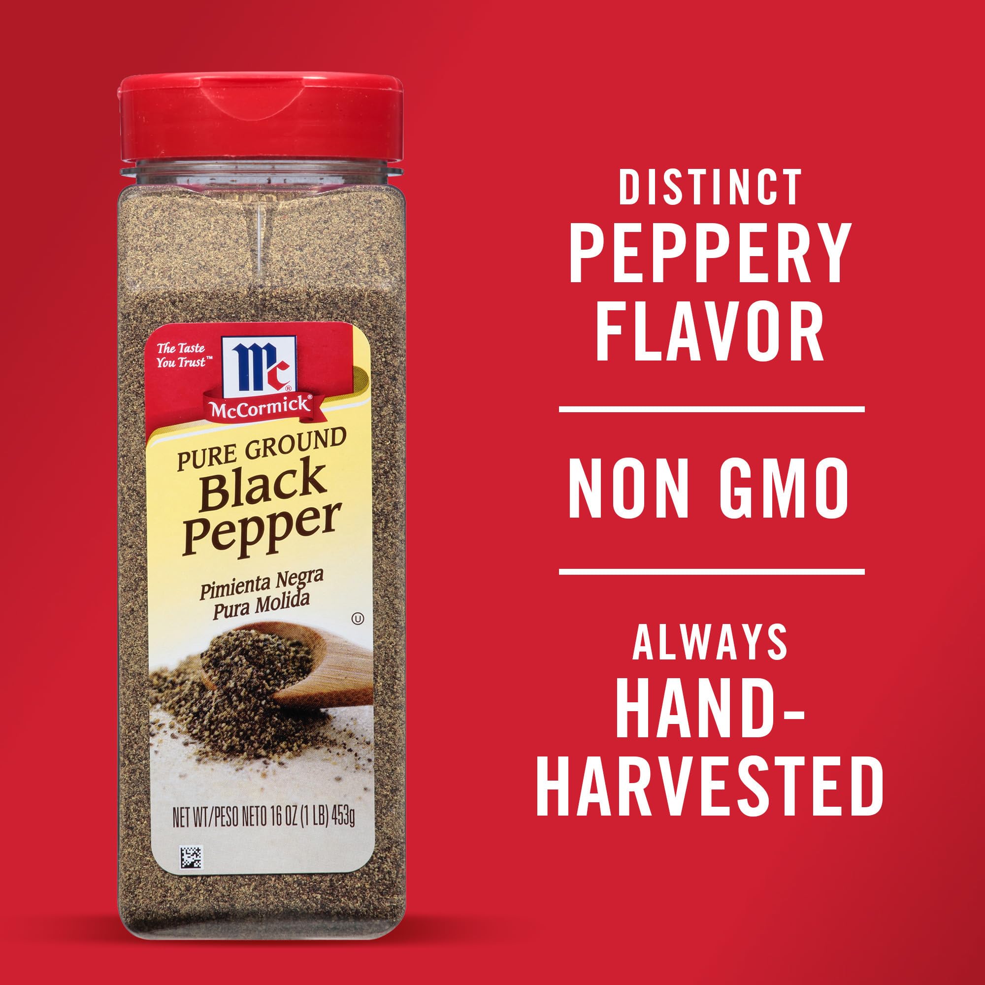 McCormick Pure Ground Black Pepper being poured adds bold finish to soups and stews