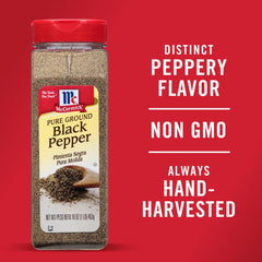 McCormick Pure Ground Black Pepper being poured adds bold finish to soups and stews
