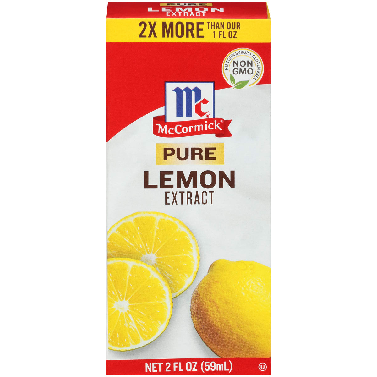 McCormick Pure Lemon Extract bottle pour for bright lemon flavor in desserts