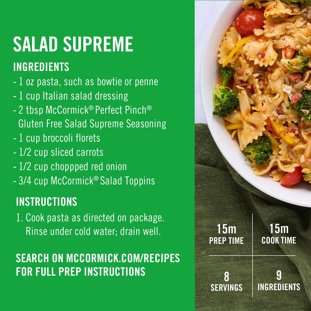 Pasta salad with McCormick Salad Toppins and Italian dressing for texture.