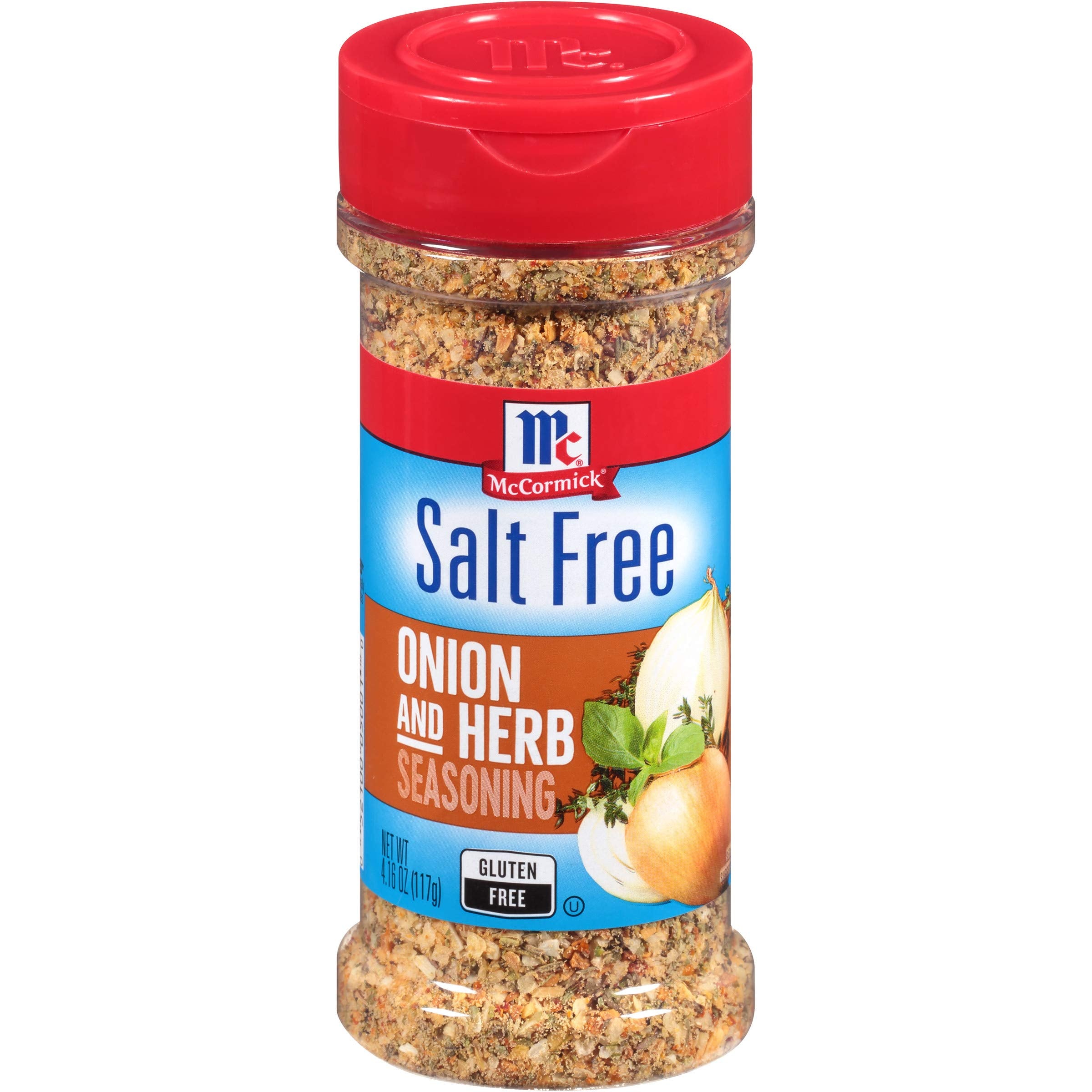 McCormick Salt Free Onion and Herb Seasoning bottle pour for easy, salt-free flavor