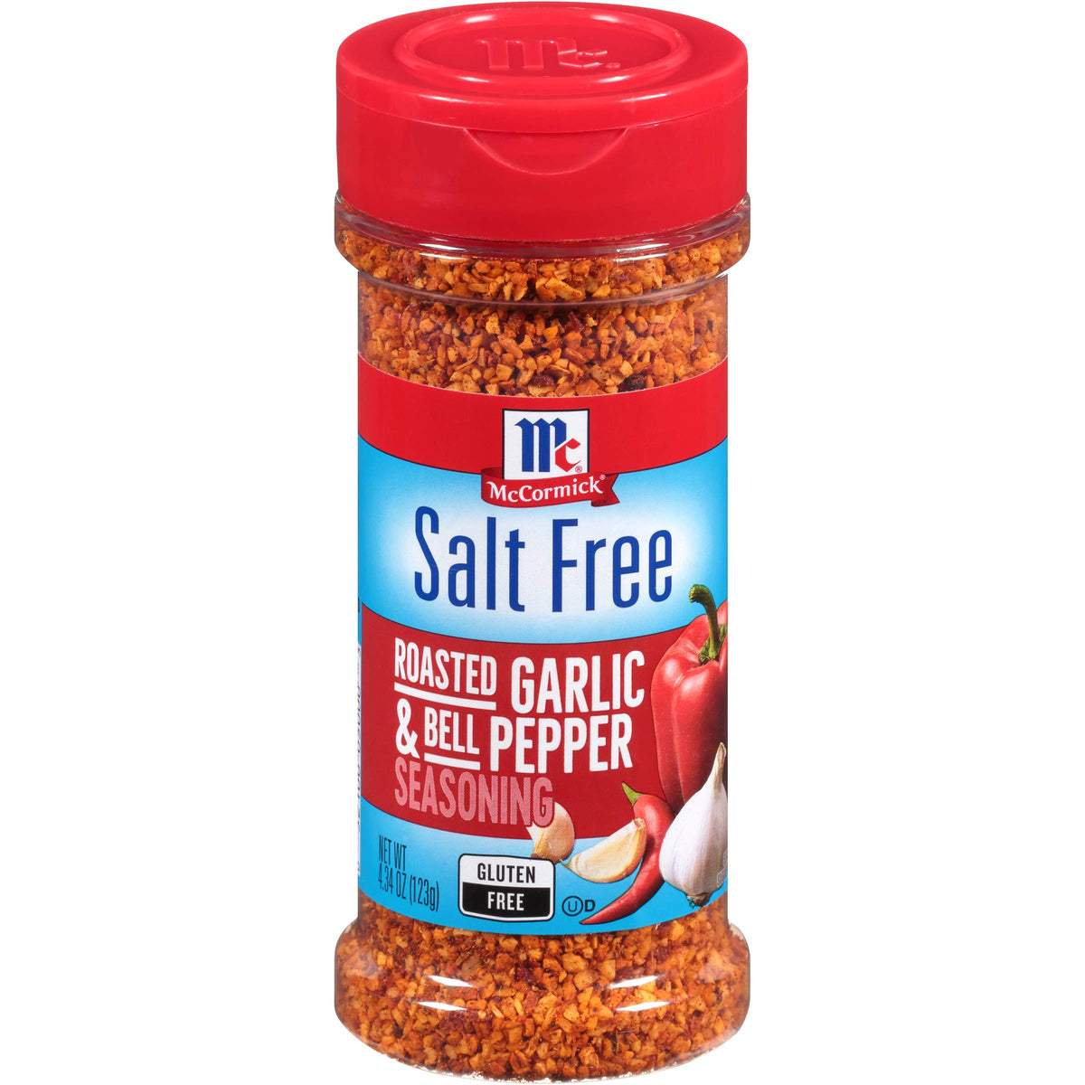 McCormick Salt Free Roasted Garlic & Bell Pepper Seasoning bottle on kitchen counter for easy flavoring.