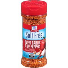 McCormick Salt Free Roasted Garlic & Bell Pepper Seasoning bottle on kitchen counter for easy flavoring.