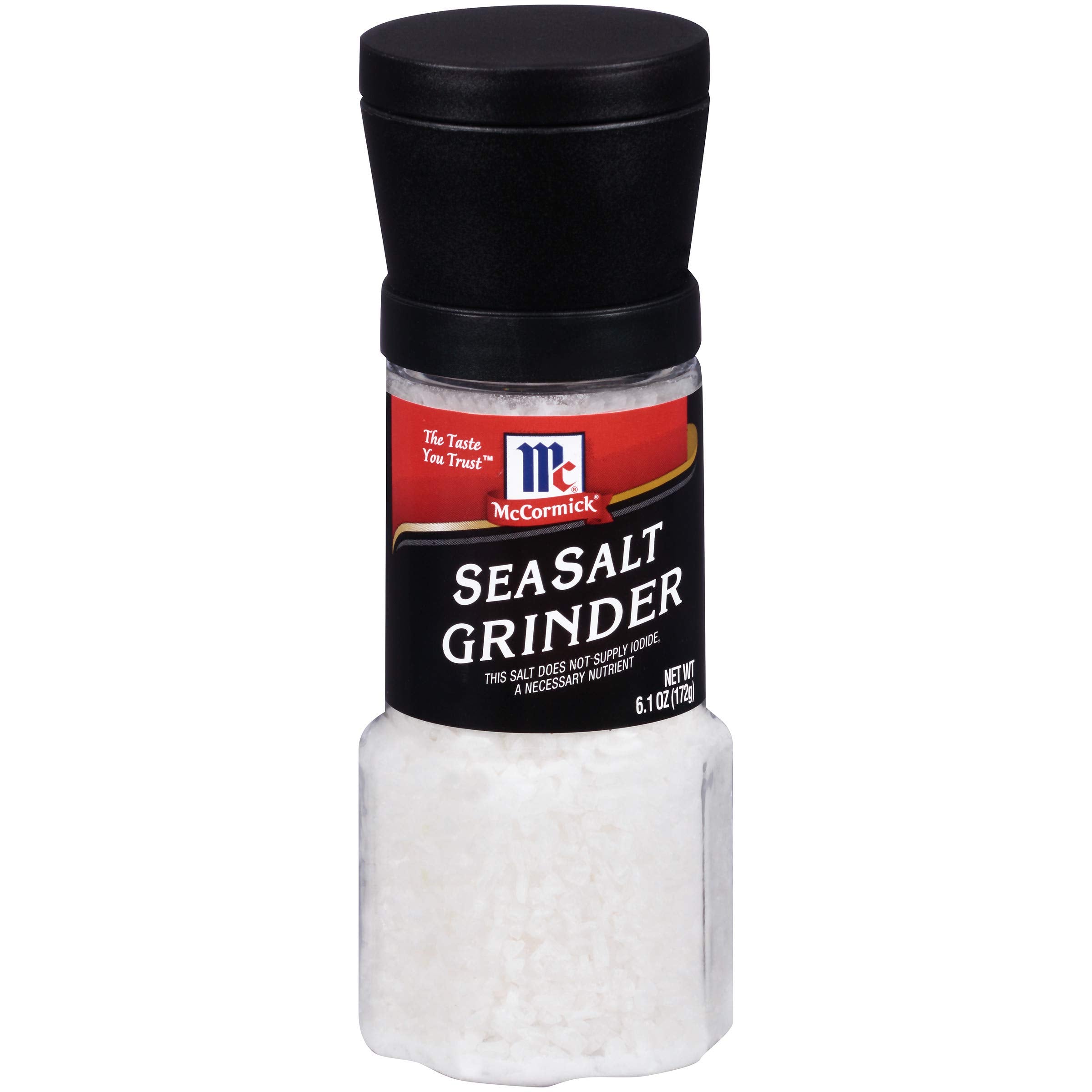 McCormick Sea Salt Grinder Mediterranean crystal enhances table flavor.