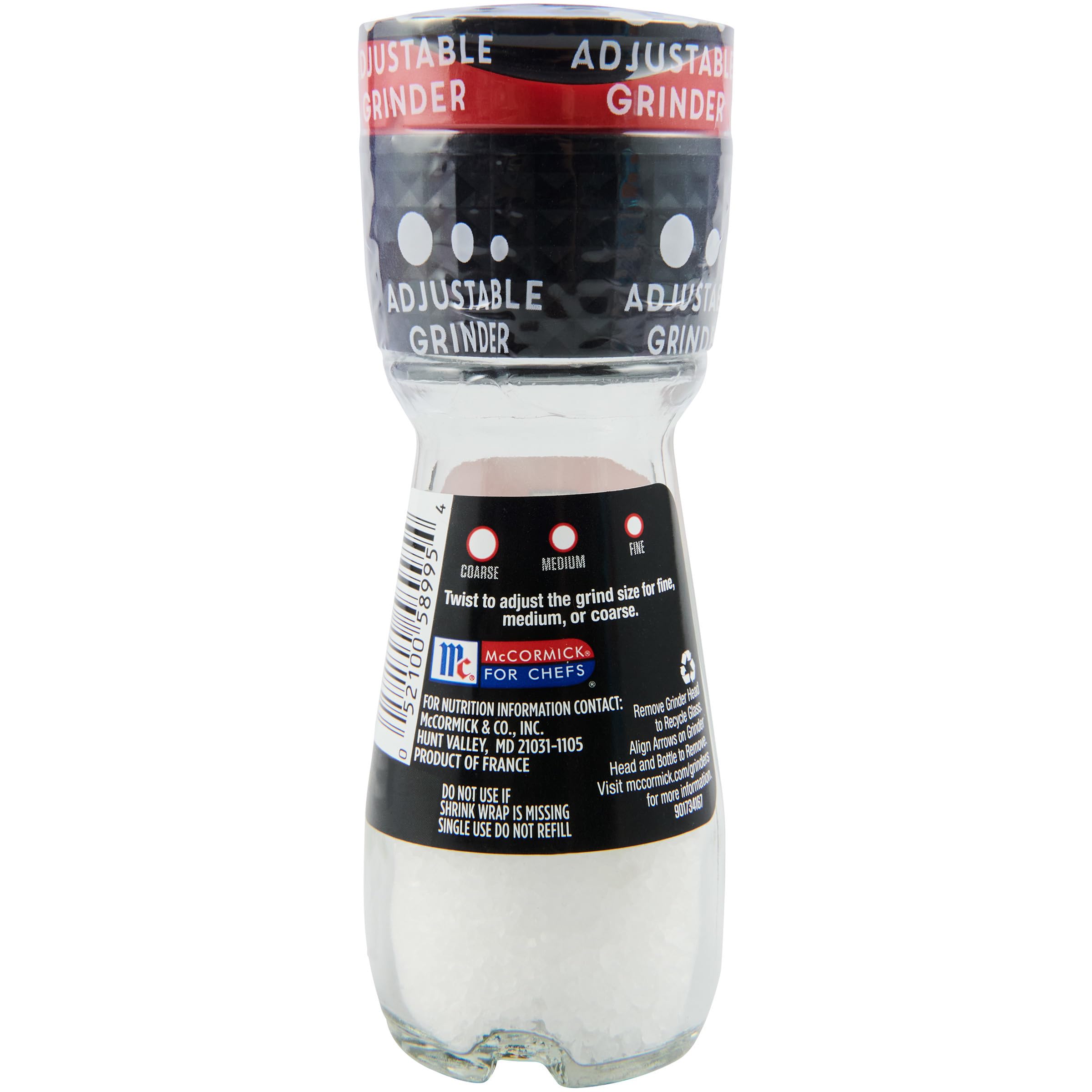 McCormick Sea Salt Grinder in use at tabletop, customizable grind size for chef-approved flavor.