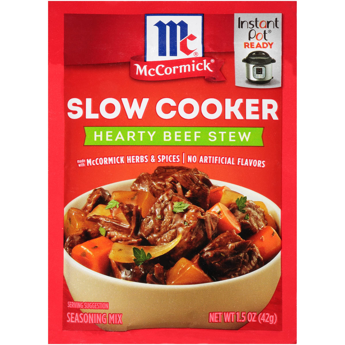 McCormick slow cooker beef stew seasoning mix bottle shows rich spice blend for hearty meals.