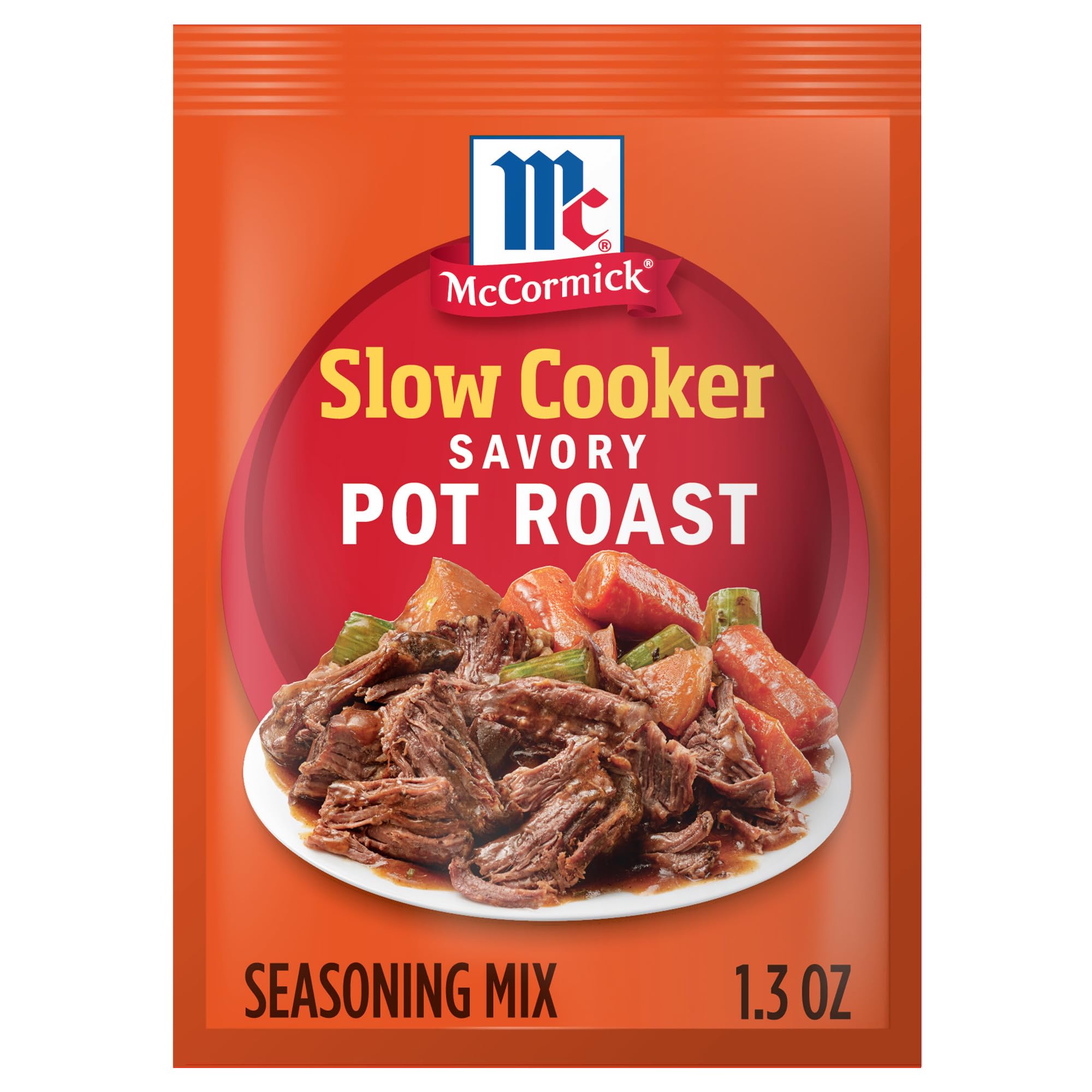 McCormick Slow Cooker Savory Pot Roast Seasoning Mix being poured for easy weeknight dinners.