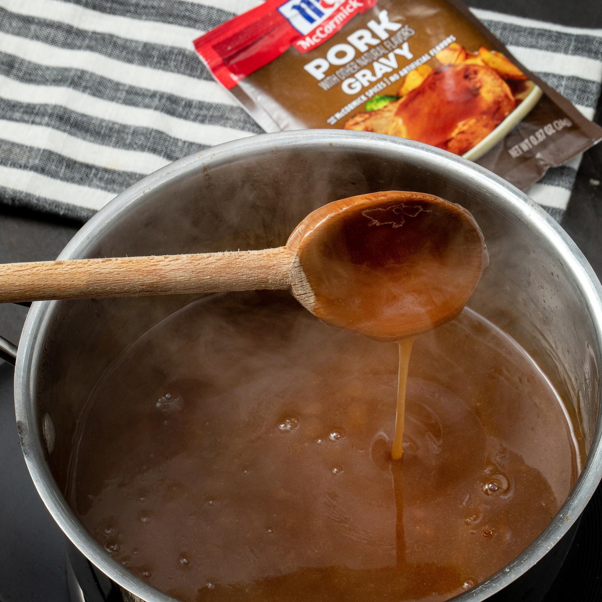 McCormick Pork Gravy Mix with no added MSG for straightforward flavor.