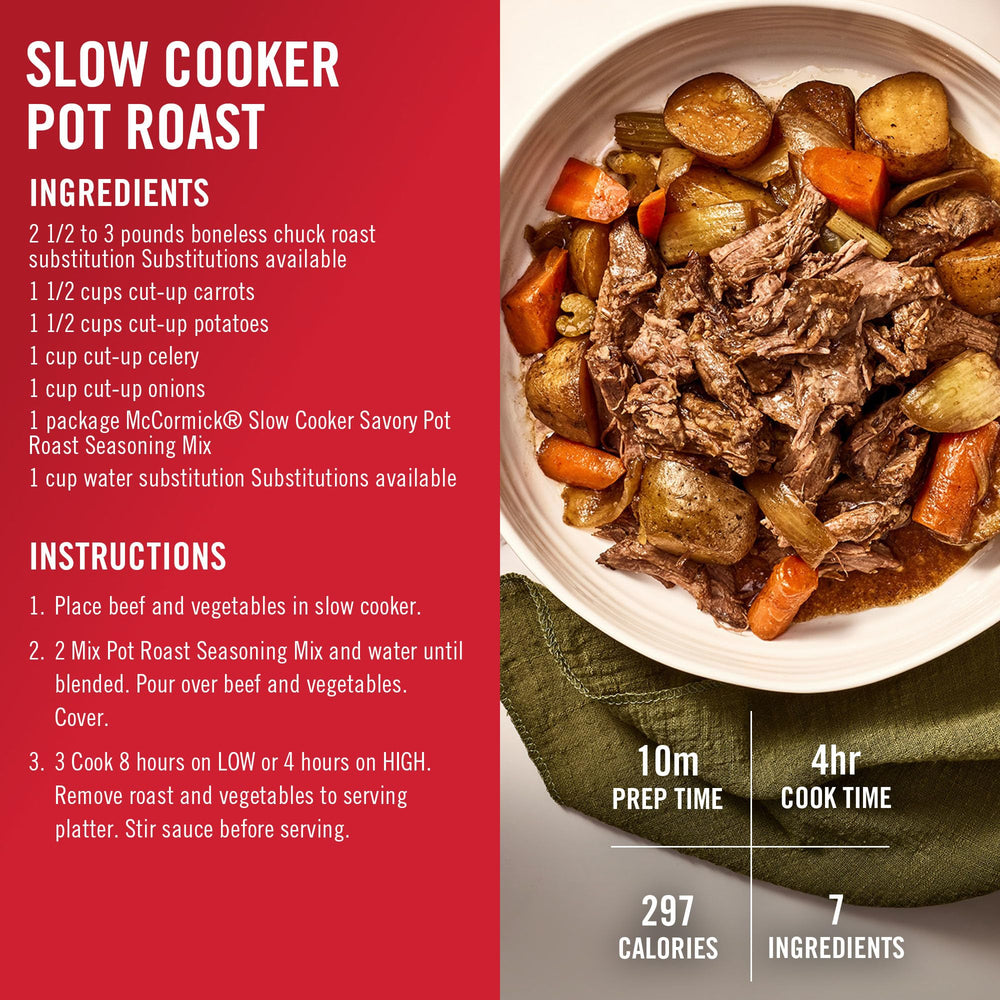 Steaming pot roast plated after slow cooking with McCormick mix.