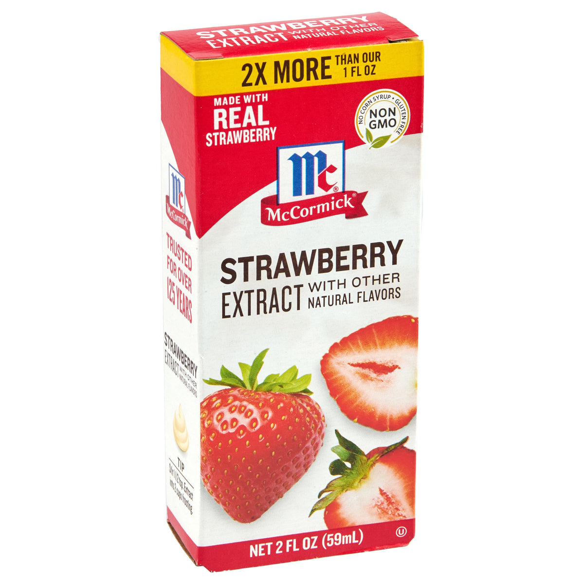 McCormick Strawberry Extract bottle front, versatile flavor enhancer for baking and beverages.