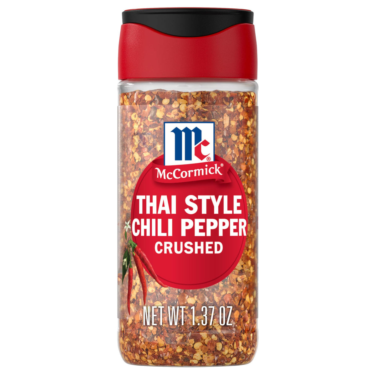 McCormick Thai Style Crushed Chili bottle pouring to deliver long-lasting heat.