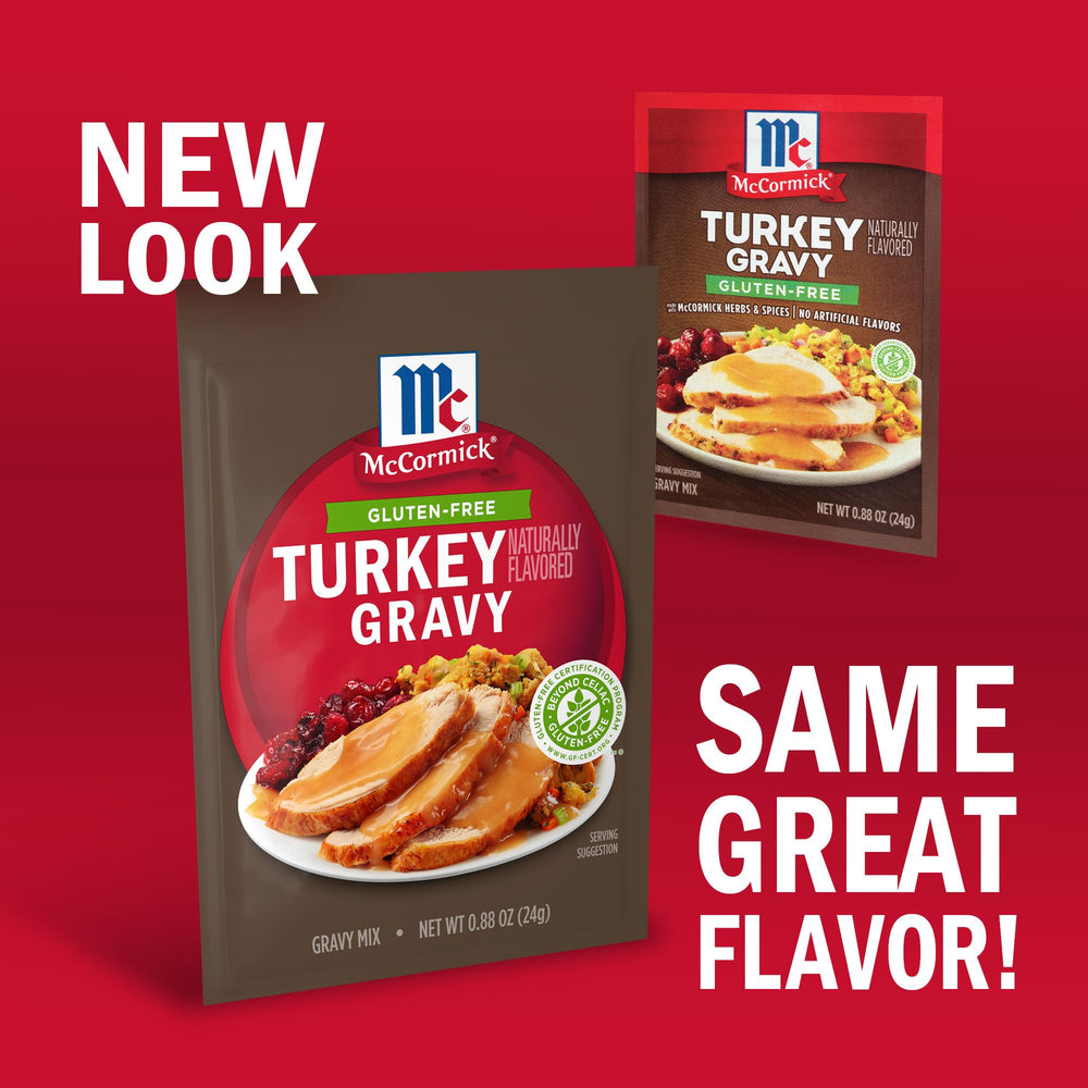 McCormick Turkey Gravy Mix being poured into a saucepan