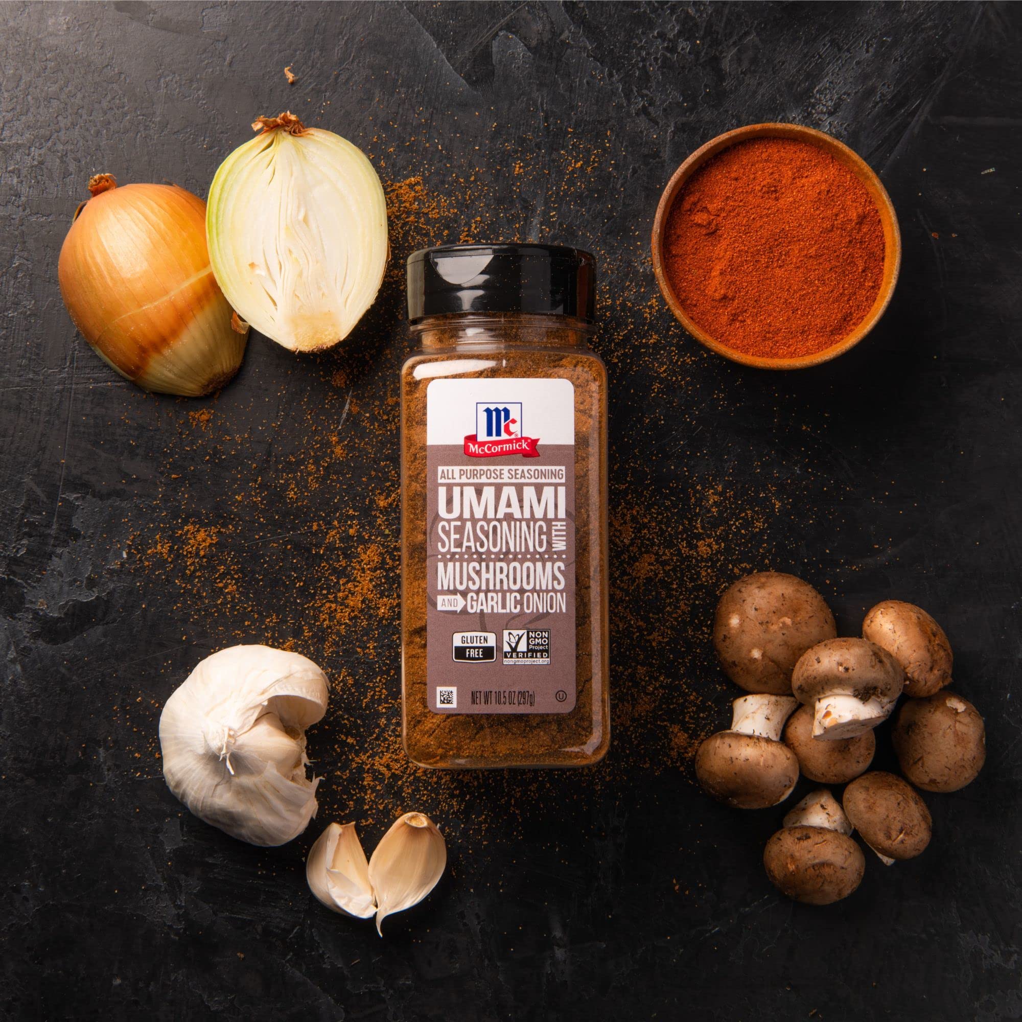 McCormick Umami Seasoning mushrooms-tomato closeup enhances depth in soups and sauces.