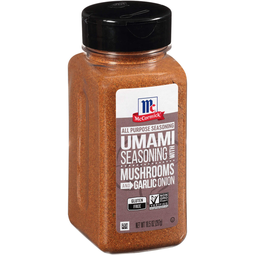 McCormick Umami Seasoning shaker-dispense for quick flavor boosts on vegetables.