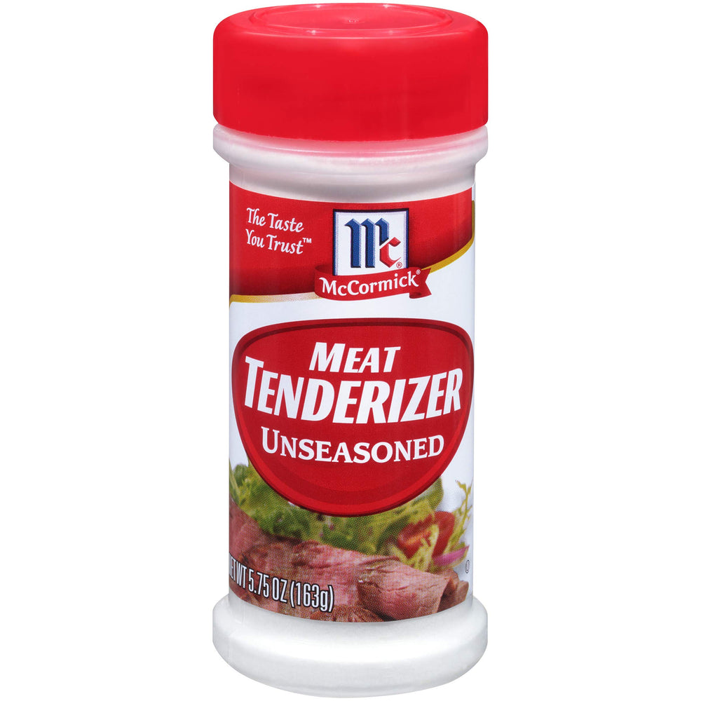 McCormick unseasoned meat tenderizer bottle on counter ready to tenderize beef.