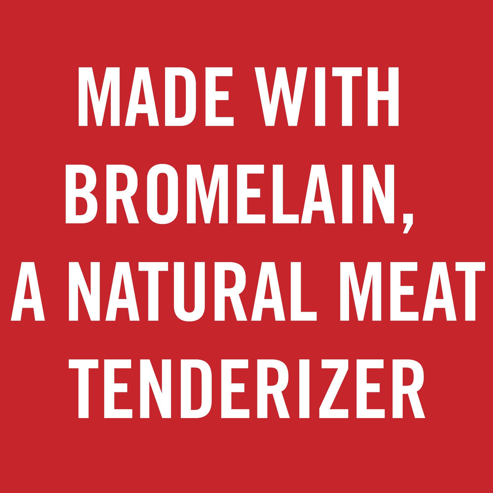 Pouring McCormick meat tenderizer onto beef for even flavor infusion.