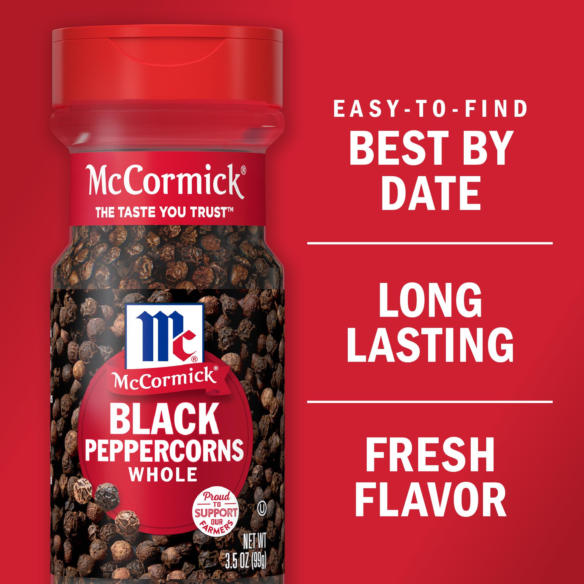 McCormick whole black peppercorns closeup showing size and texture for grinding