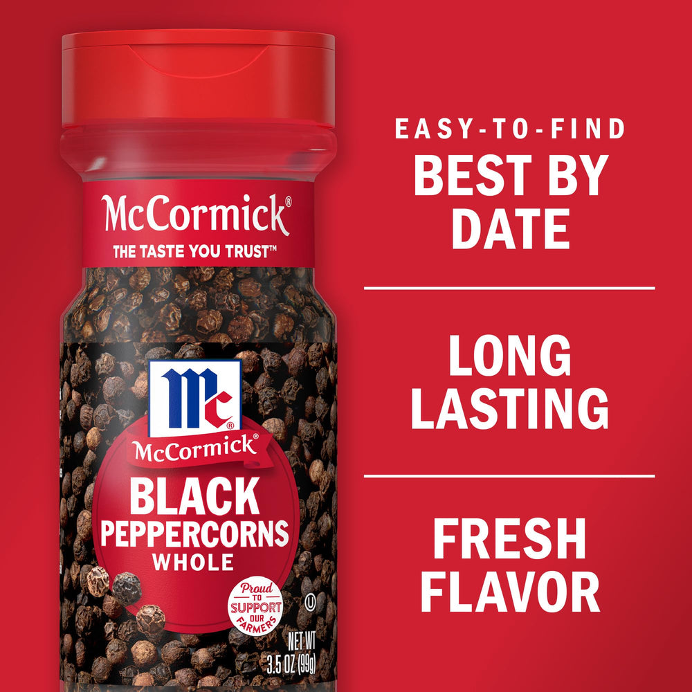 McCormick whole black peppercorns closeup showing size and texture for grinding
