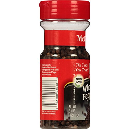 McCormick packaging of whole black peppercorns emphasizing freshness