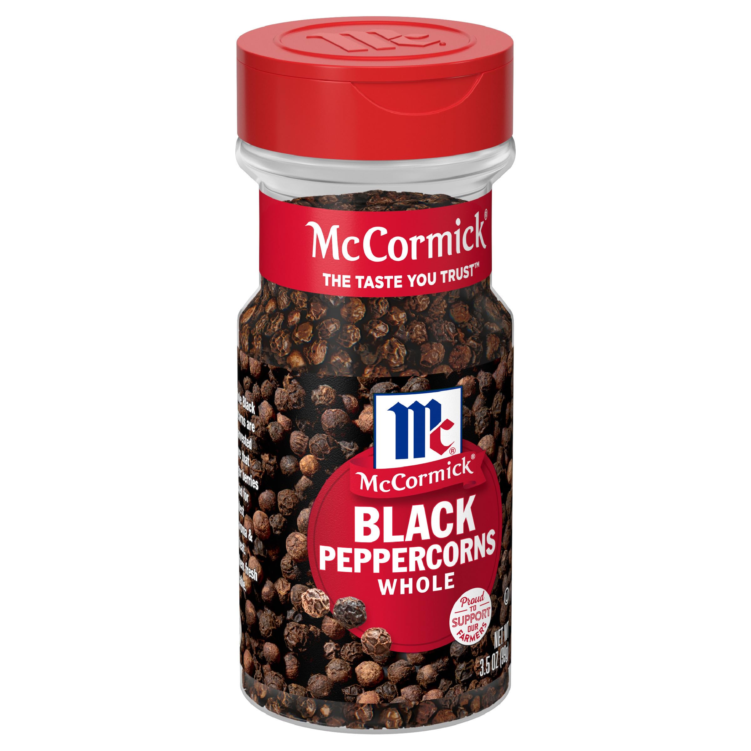 McCormick whole black peppercorns packshot highlighting premium berries for bold, versatile flavor