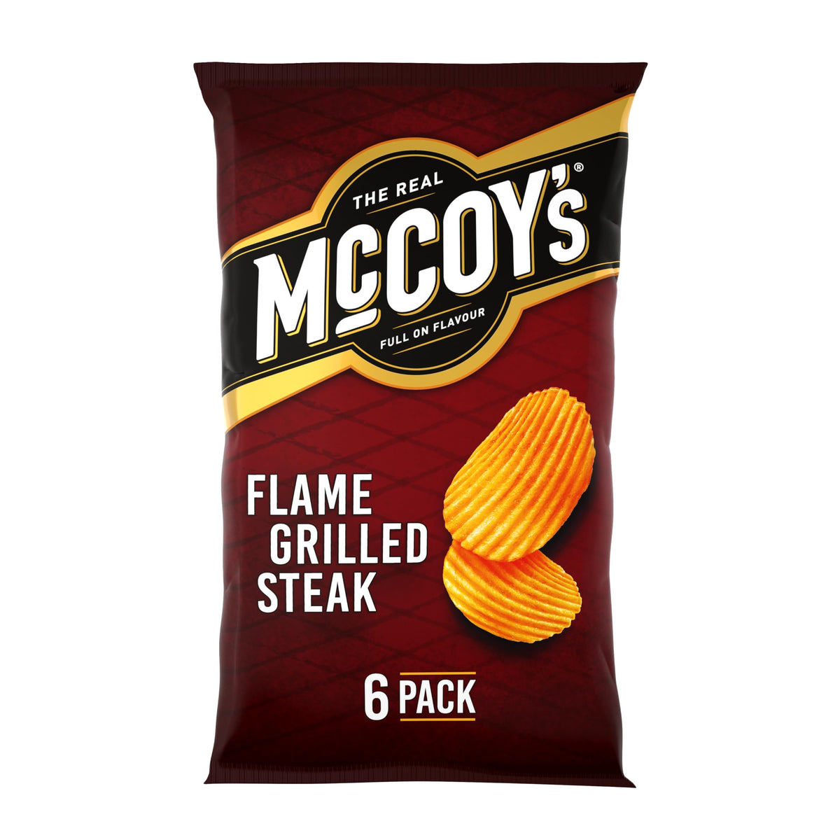 McCoys Flame Grilled Steak Ridge Cut crisps in a bag delivering bold, smoky flavor.