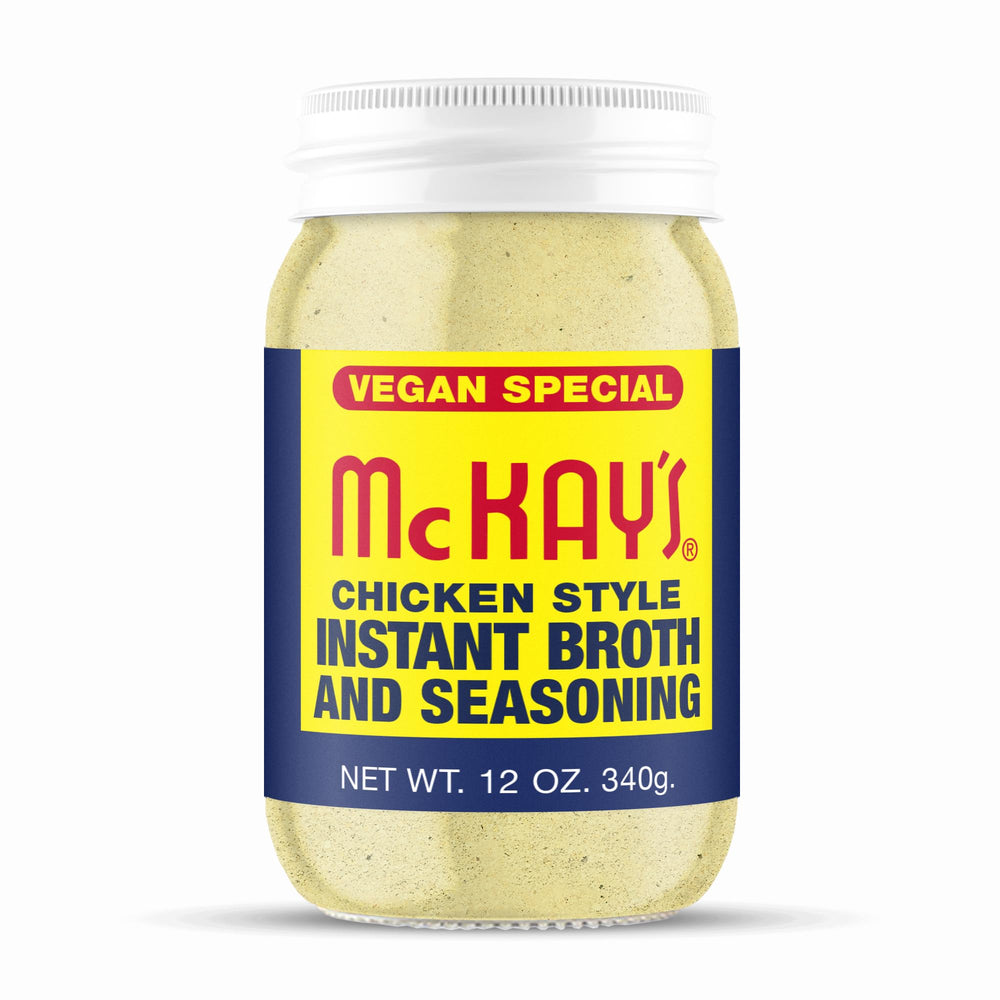 McKay's Vegan Chicken Seasoning jar pour adds rich plant-based umami to soups