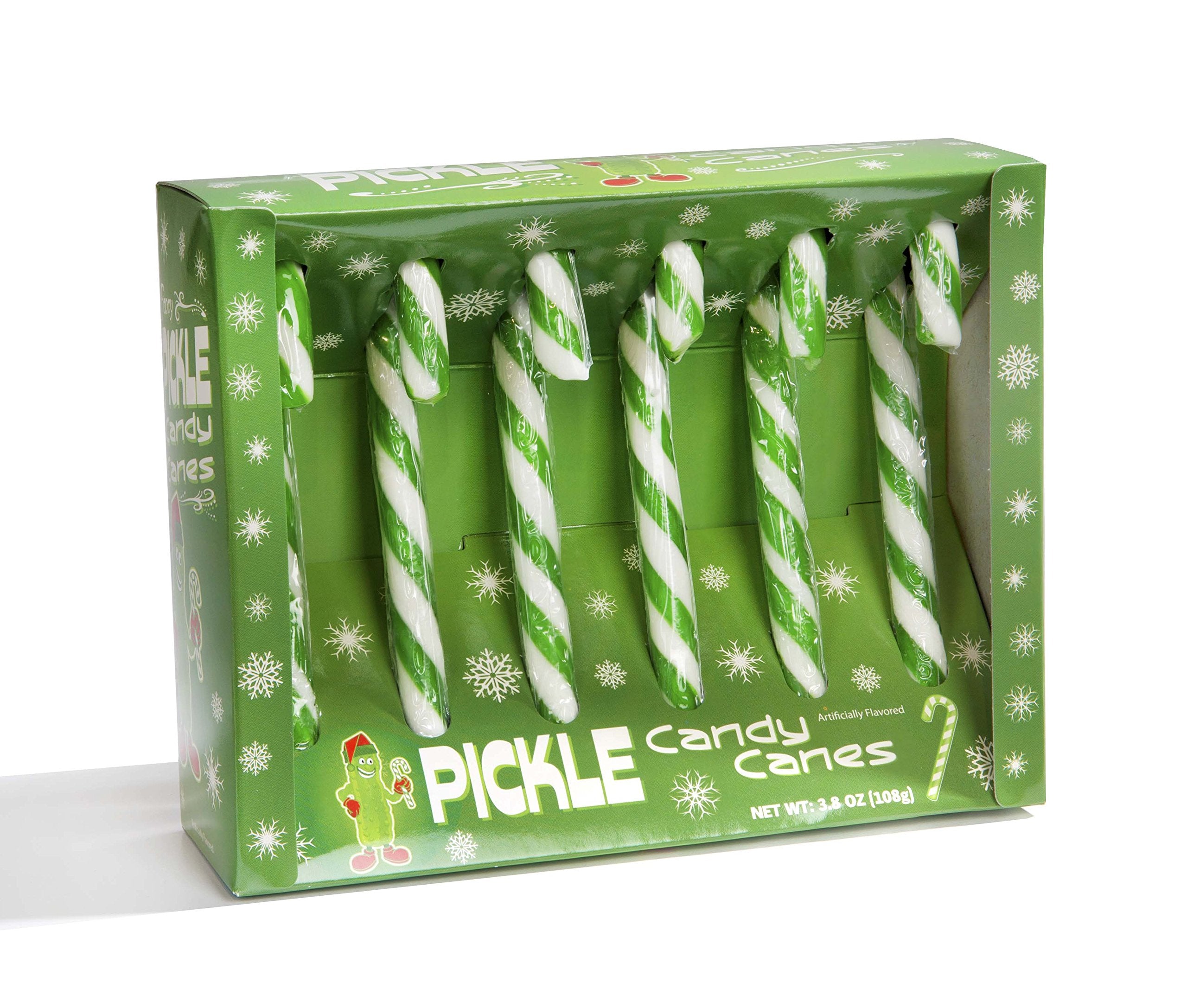 Mcphee Fancy Pickle Candy Cane in green packaging adds a savory holiday twist.