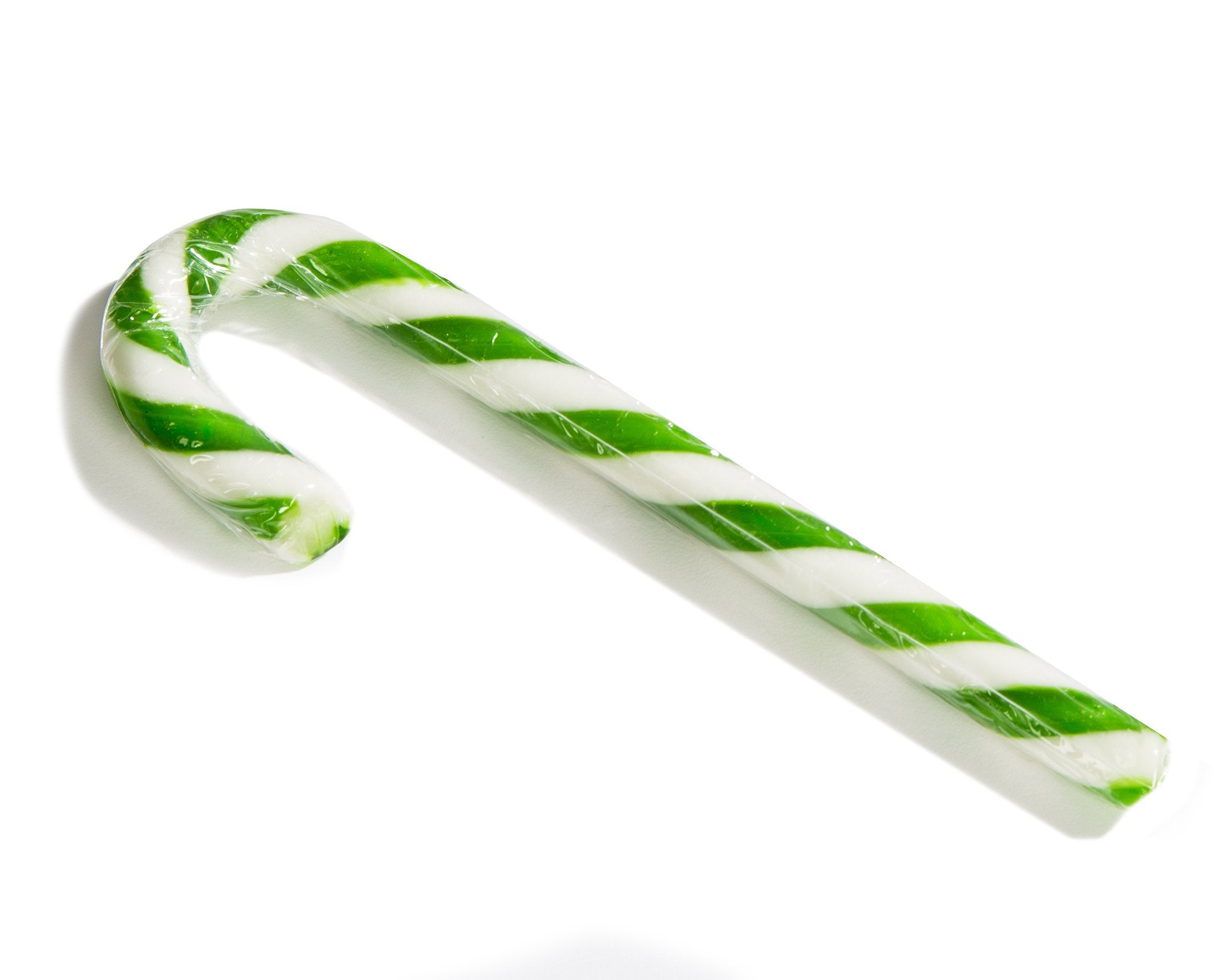 Close-up of Mcphee pickle-flavored candy cane showing dill tang and color.