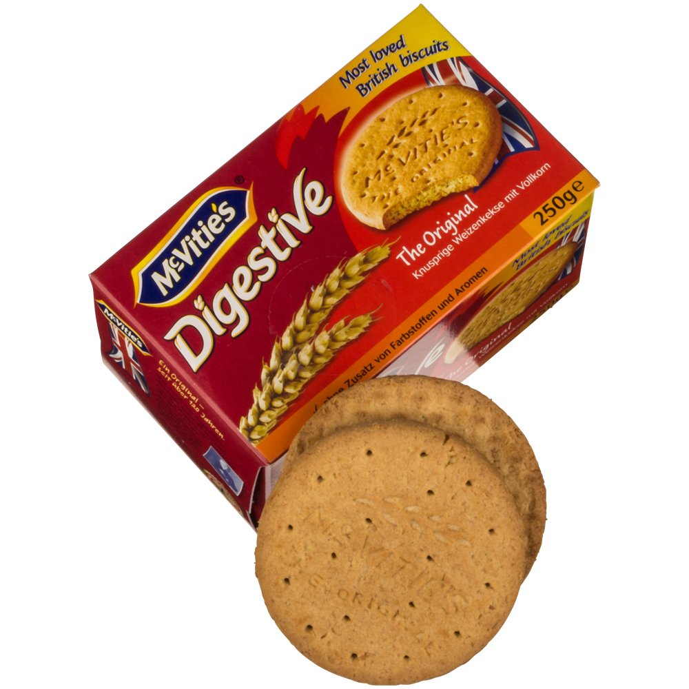 McVitie's Digestives 250g pack shot, ideal for dunking with tea