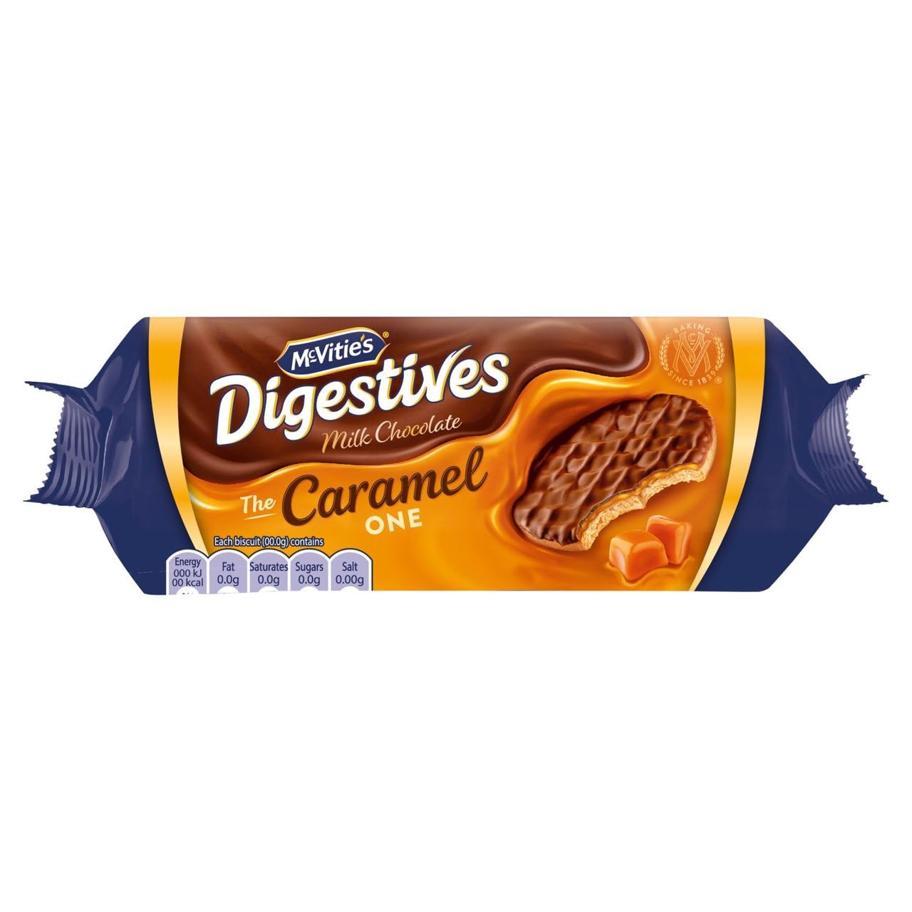 Close-up of McVitie's Digestives Milk Chocolate Caramel, showing caramel center for a smooth snack.