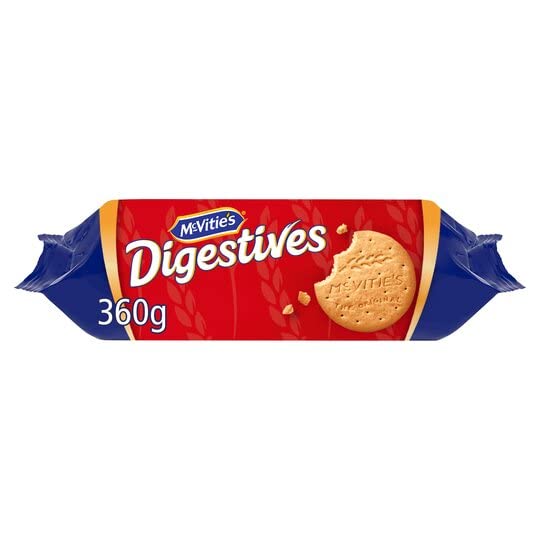 McVitie's Digestives Original tea-time setup, classic pairing with a hot drink.