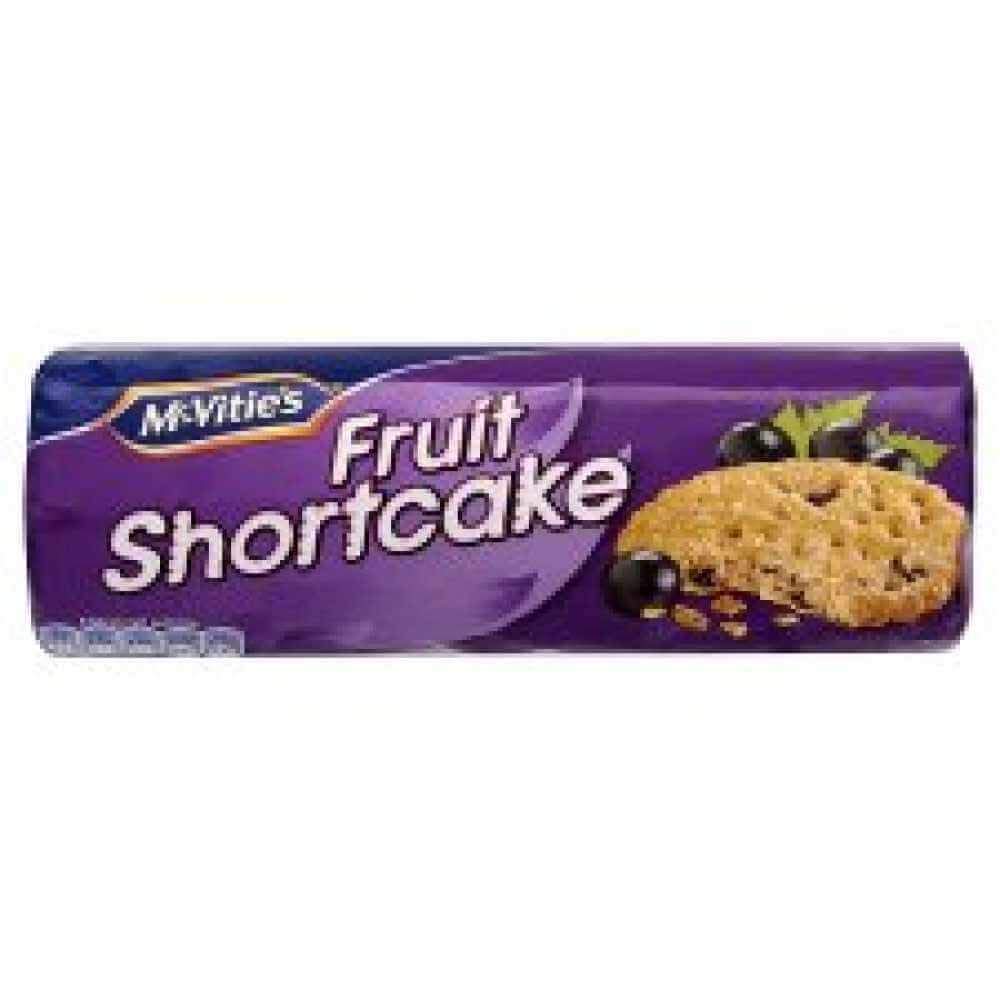 McVitie's Fruit Shortcake biscuit close-up shows crumbly texture, ideal with tea