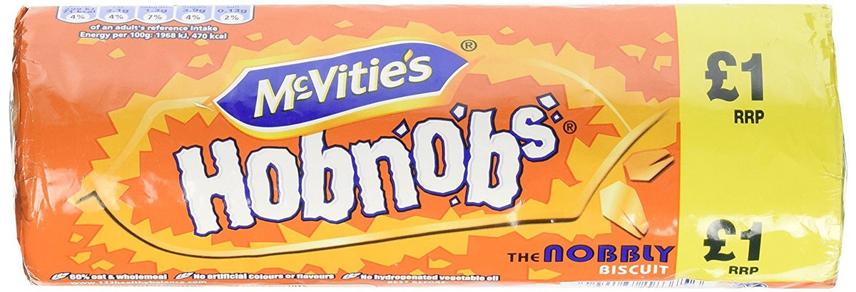 McVitie's Original Hobnobs pack shot highlights crisp oat biscuits, ideal for tea dunking.